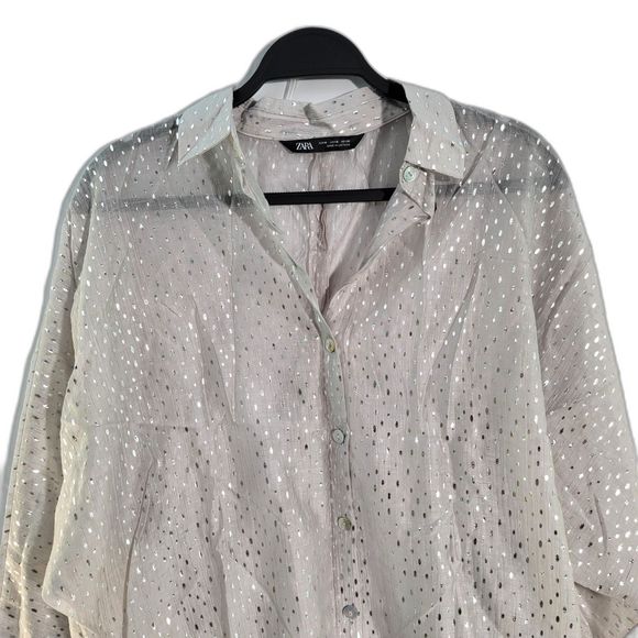 Zara White Semi Sheer Silver Metallic Sparkle Long Slv Button Up Collar Shirt M - Picture 2 of 7